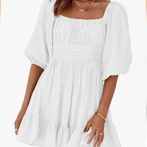 Dokotoo Womens Summer Dresses Square Neck Tie Back Lantern Sleeve Ruffle A-Line